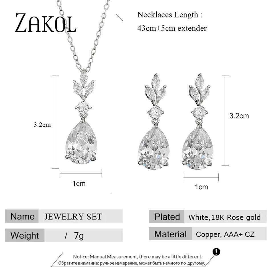 ZAKOL AAA Cubic Zirconia Leaf Dangle Earrings Necklace for Women Luxury Bridal Wedding Jewelry Set