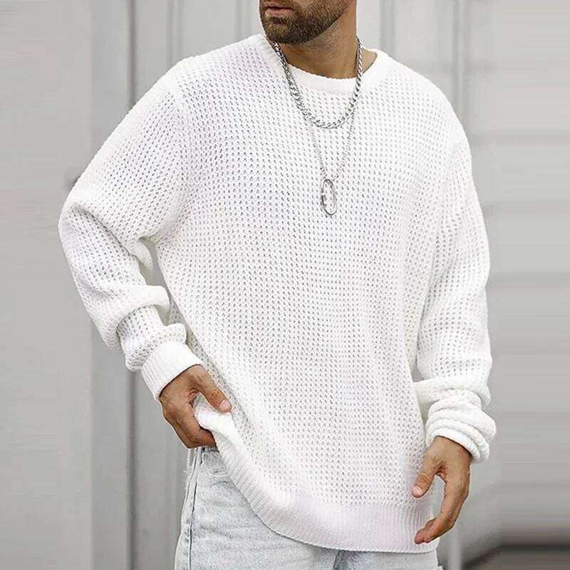 2025 New Men's Casual Round Neck Long Sleeve Knitted Sweater Solid Color Fashion Versatile Top
