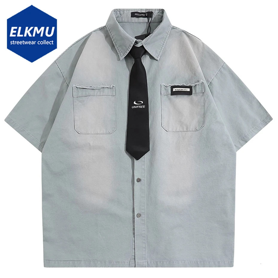 Vintage Shirts with Necktie Unisex Varsity Shirts Summer Loose Short Sleeve Button Up Blouse Hip Hop Oversized Y2K Shirts 251224