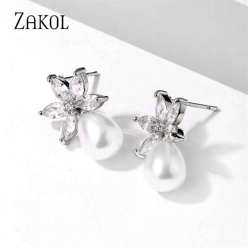 ZAKOL Fashion Simple Leaf Cubic Zirconia Pearl Drop Stud Earrings for Women Elegant Bride and Bridesmaid Earring