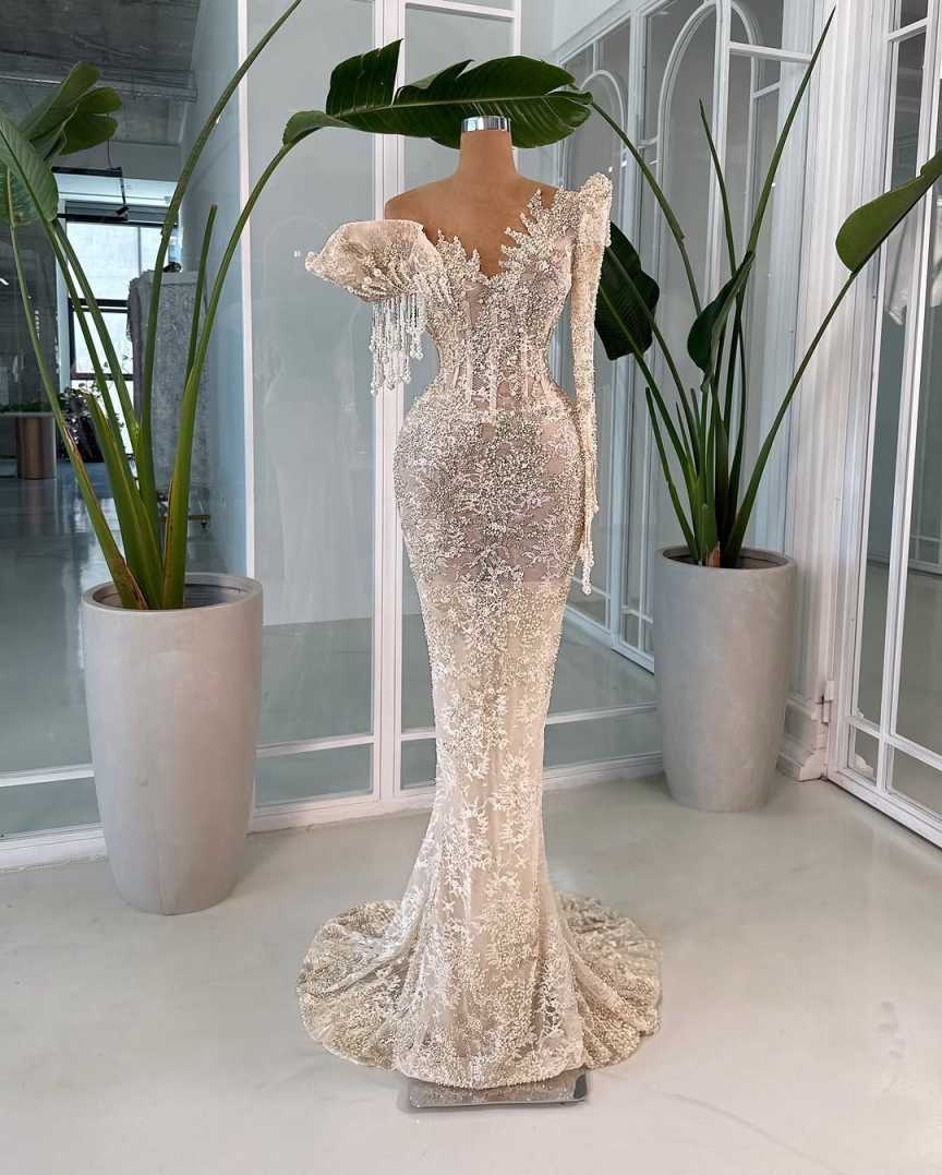 Sexy One Shoulder Prom Dresses Fashion Beaded Pearls Sequined Evening Dress Floor Length Lace Party Gown Customized