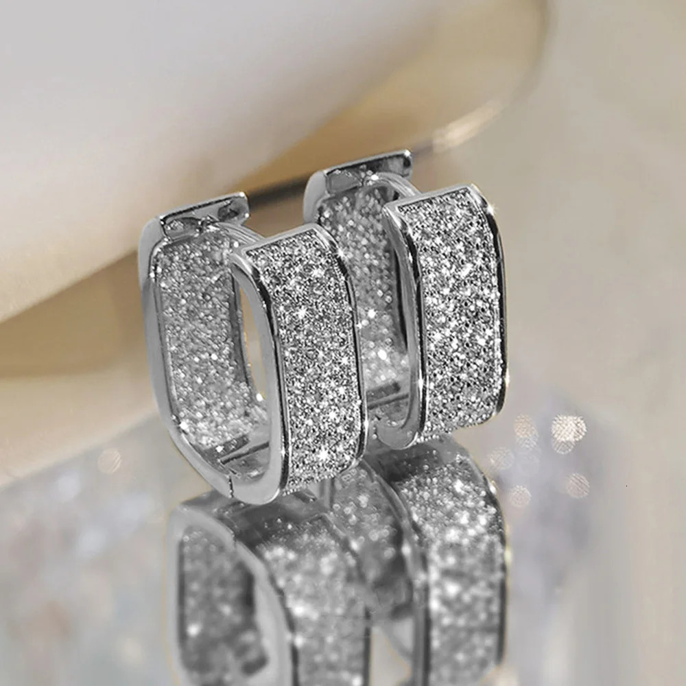 Vintage Unisex U Shaped White Zircon Square Hoop Earrings For Women Men Rose Gold Silver Color Wedding Ear Buckle Party Jewelry 251224