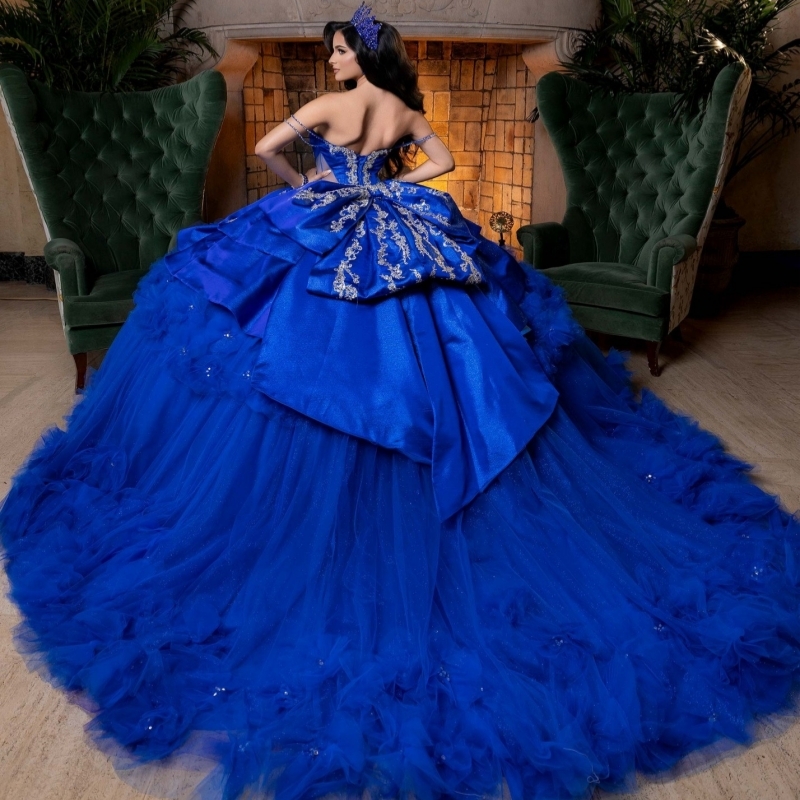 Royal Blue Shiny Quinceanera Dresses Ball Gown Off The Shoulder Applique Lace Beading Crystal Bow Tiered Tull Corset Party Birthday Sweet 16 Dres Vest