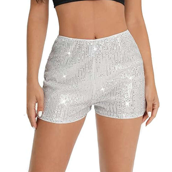 Women's Sexy Straight Shorts Spring Multi-Color Shiny Sequin Slim Hot Pants Mid-Waist