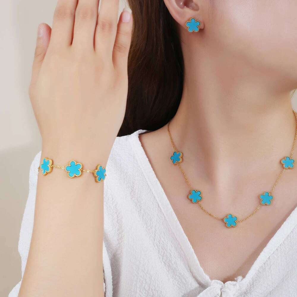 INS Hot Sale Stainless Steel Five Laef Flower Clover Bracelet Set Necklace Earrings For Woman Daily Wear Brand Jewelry 25H1229