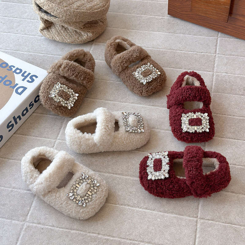 INS Fleece-Lined Fur 2025 Autumn Winter New Korean Style Girls' Rhinestone Princess Soft Sole Warm Cotton Shoes