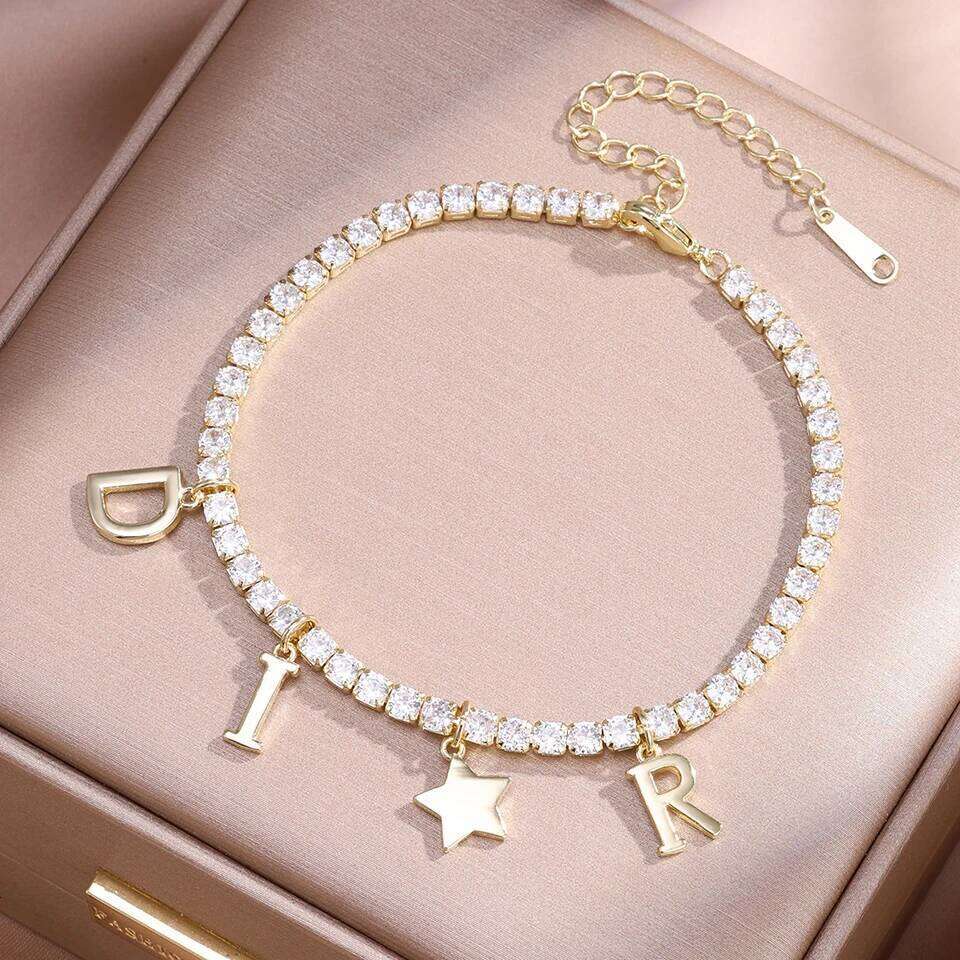 ZAKOL New Letter Pendant Round Zircon Claw Chain Bracelet for Women Shiny CZ Tennis Bracelets Aesthetic Jewelry Gift