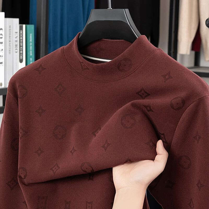 Autumn Winter New Men's Half Turtleneck De Velvet Sweatshirt Non-Iron Korean Version Printed T-Shirt Brushed Long Sleeve Top Base Shirt