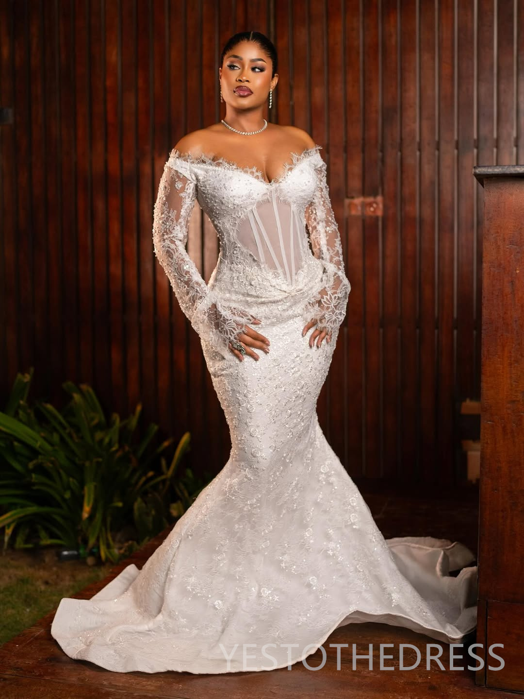 2026 Aso Ebi Arabic Mermaid Wedding Dress For Bride Bridal Gowns Illusion Off Shoulder Long Sleeves Beaded Lace Wedding Gowns for Black Women D734