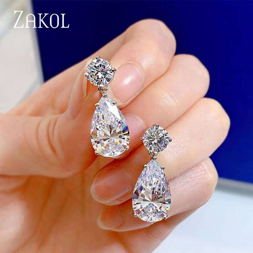 ZAKOL Luxury Transparent Zircon Water Drop Dangle Earrings for Women Shinny CZ Bridal Wedding Jewelry