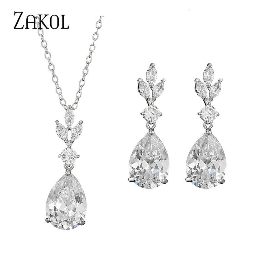 ZAKOL AAA Cubic Zirconia Leaf Dangle Earrings Necklace for Women Luxury Bridal Wedding Jewelry Set