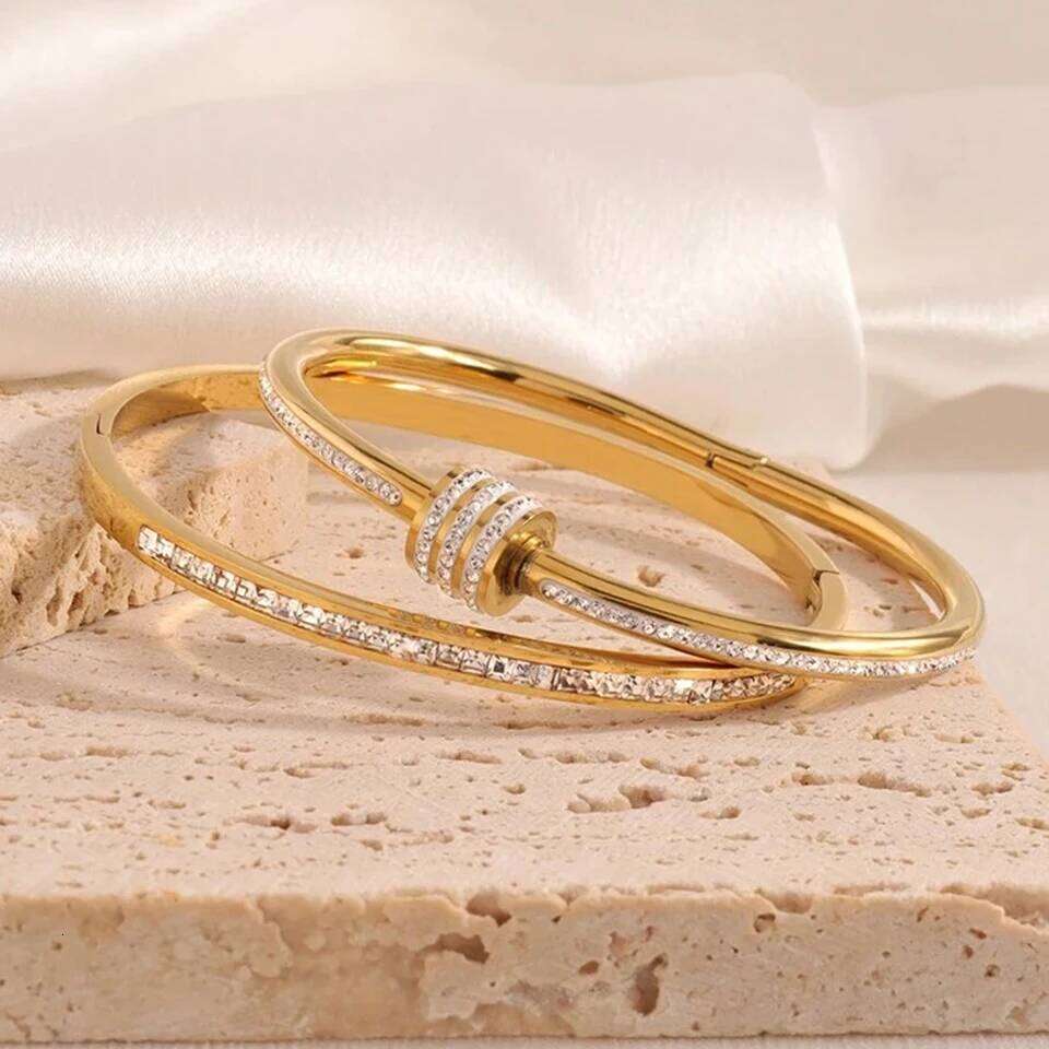 ZAKOL 2Pcs Stainless Steel Stackable Bracelets Set Micro Paved Crystal CZ Couple Holiday Gift Bracelet Party Daily Jewelry