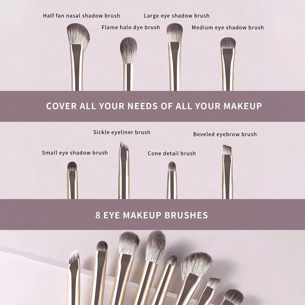 Champagne Silver Portable Eye Makeup Brush Set 8pcsPack 251215