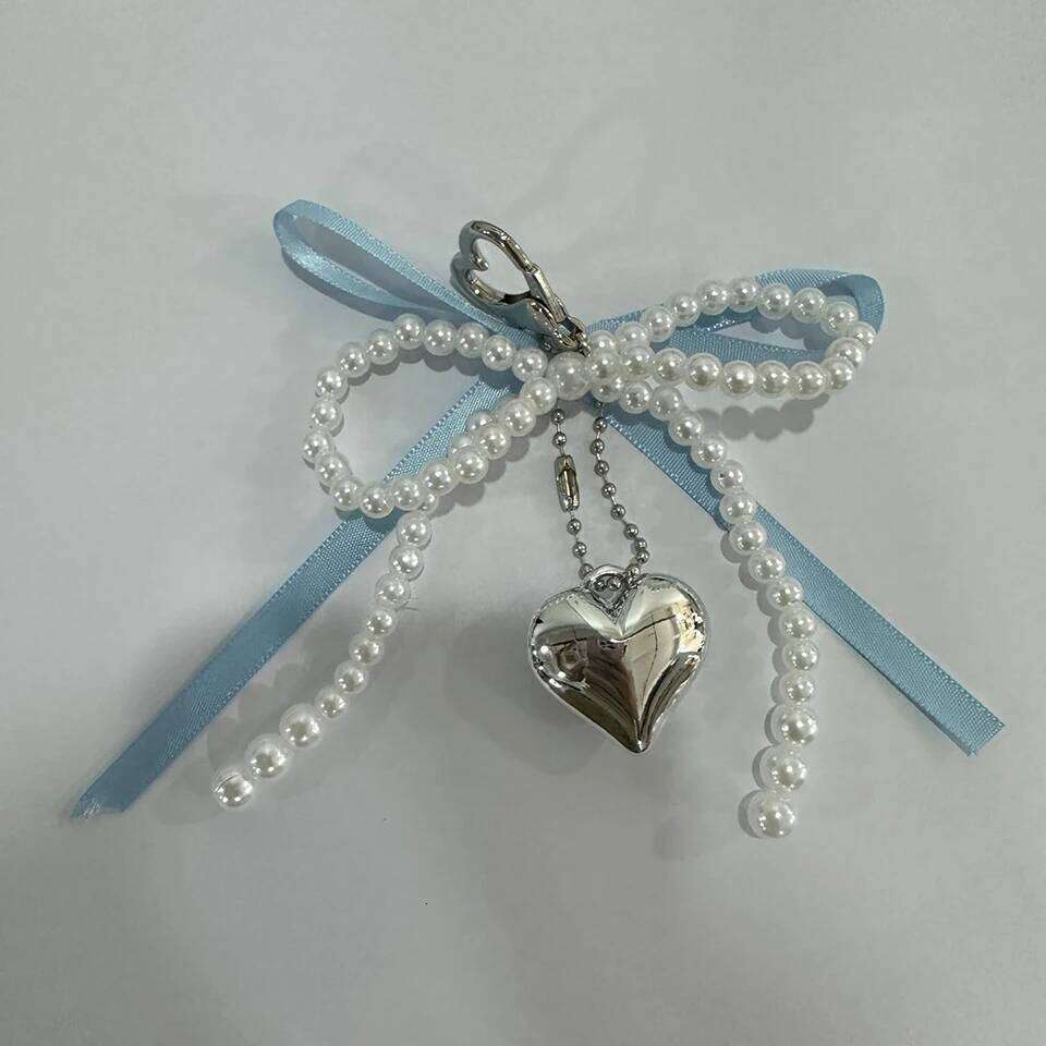 ZAKOL Y2K Delicate Beaded Pearl Chain With Heart Pendant Pink Blue Bow Tie Key Ring Ornament Decoration For Bags And Phones