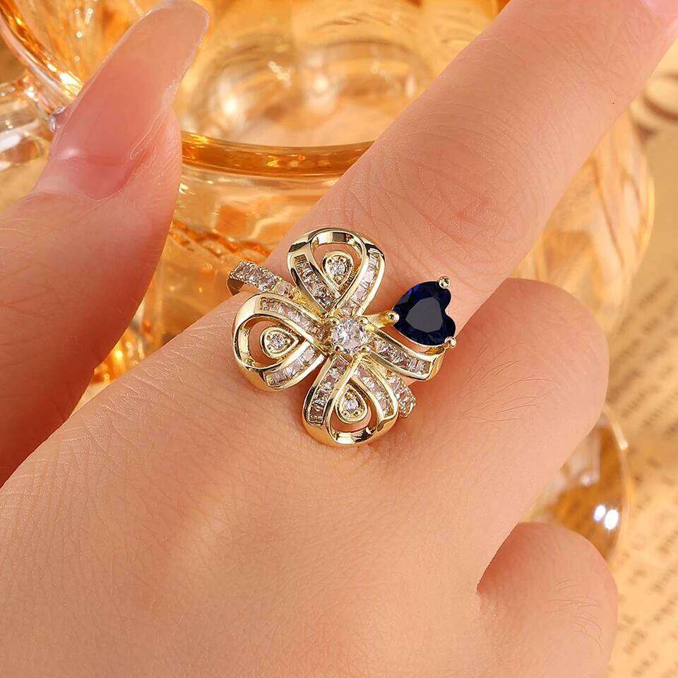 ZAKOL New Trendy Four-leaf Clover Flower Open Rings for Women Ladies Buling Dazzling Cubic Zirconia Engagement Ring Gift