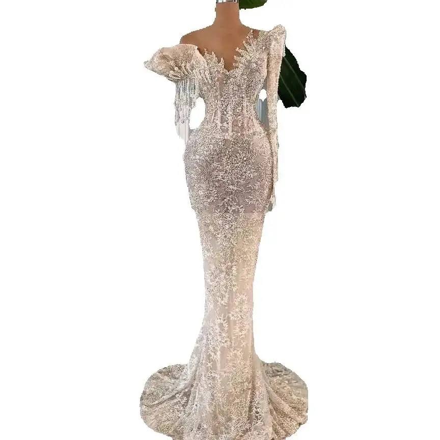 Sexy One Shoulder Prom Dresses Fashion Beaded Pearls Sequined Evening Dress Floor Length Lace Party Gown Customized