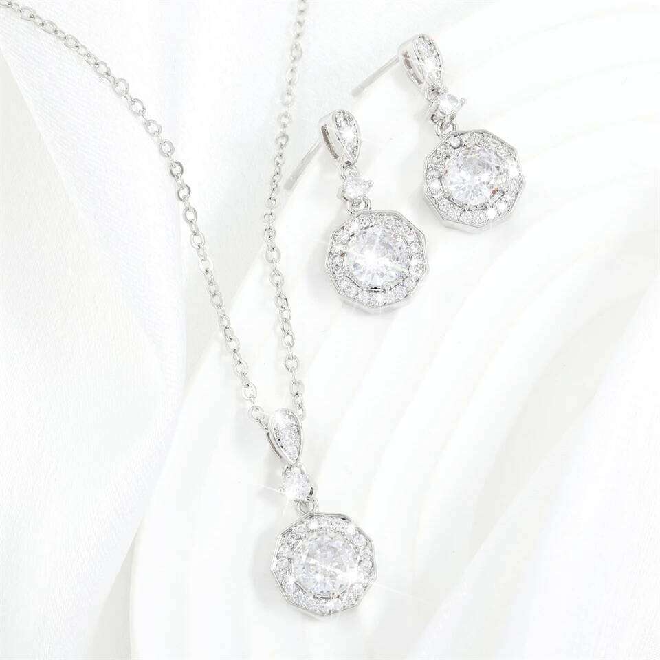 ZAKOL Luxury AAA Cubic Zirconia Dangle Earring Necklace Set for Women Sliver Color Crystal Engagement Wedding Jewelry
