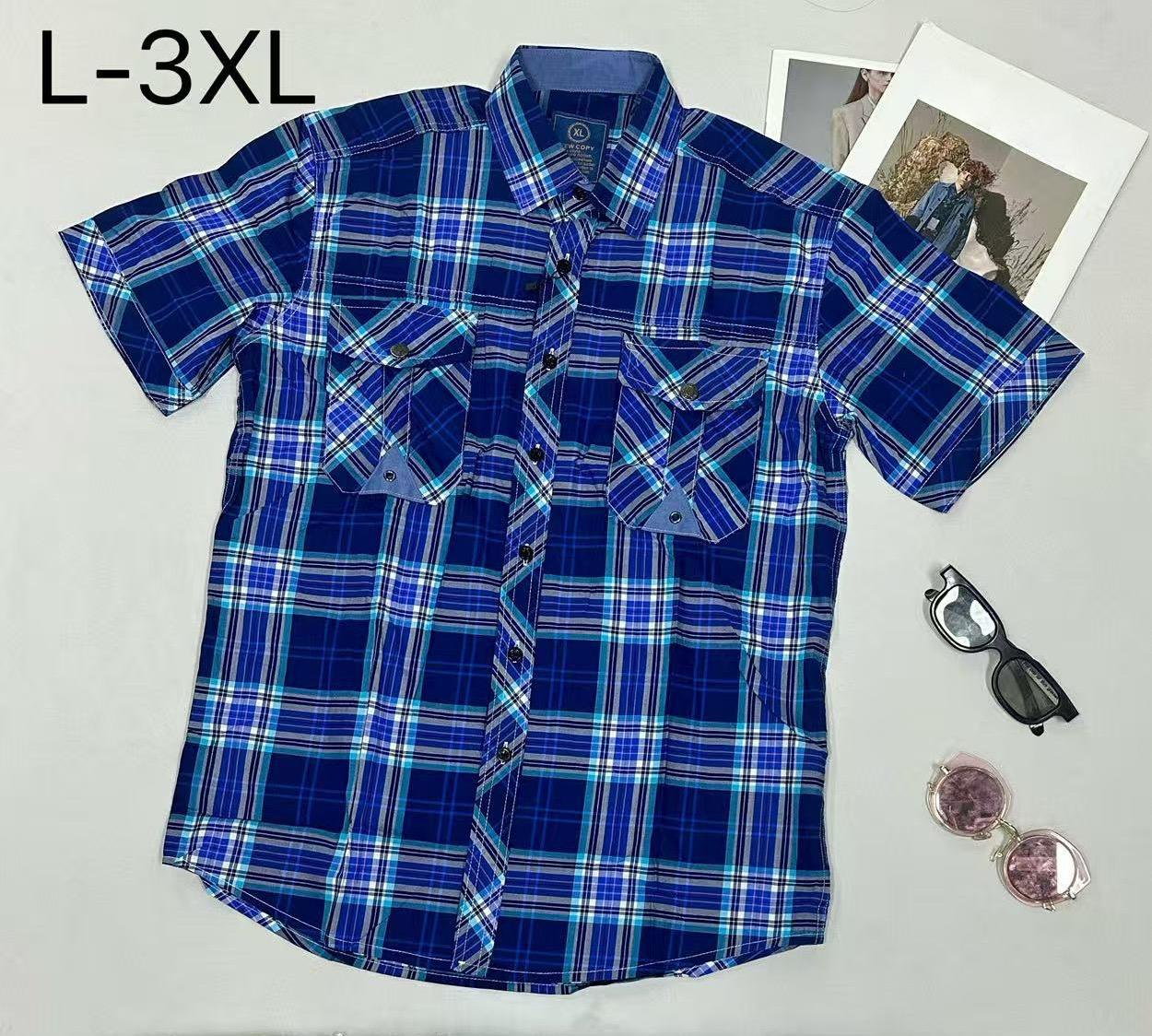 Men's Short-Sleeve Shirt - Cotton Poplin Plaid, Multi-Color Options, Double Chest Pockets, Casual Daily Style (Sizes L-3XL)- NO29