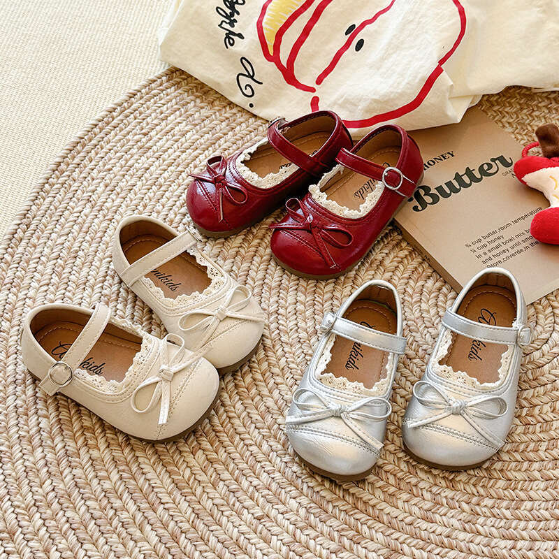 2025 Spring and Autumn New Korean Style Girls' Lace Edge Little Leather Shoes with Bow Princess Soft Sole Mary Jane Flats