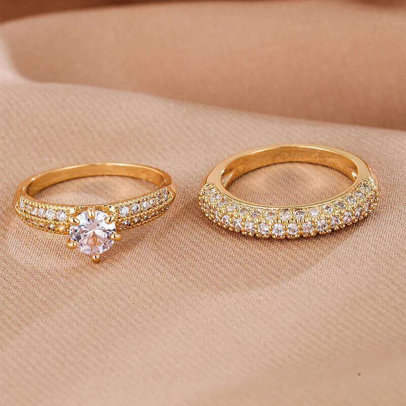 2 PCs Luxury Zircon Eternity Band Rings Set For Women Round Gold Color Ring Girls Party Wedding Engagement Jewelry Gift