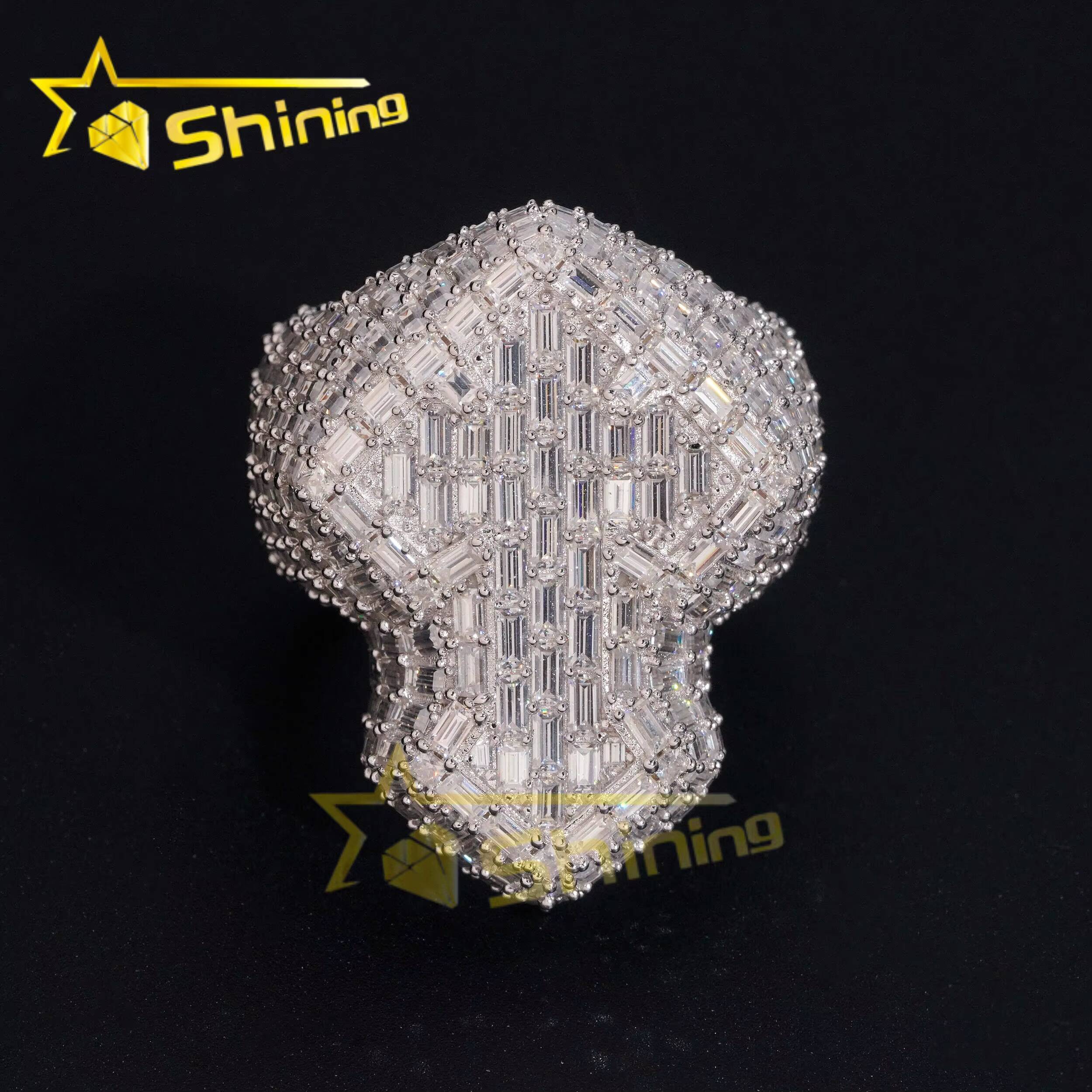 Luxury Emerald Cut Moissanite Iced Out Mens Ring 925 Silver Gold Plated Hip Hop Cross Men Ring