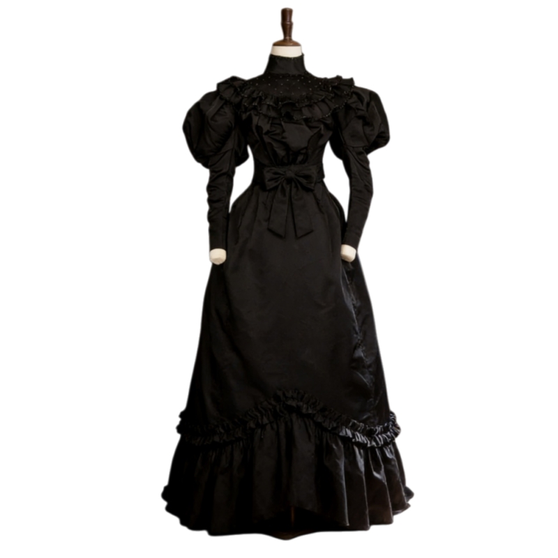 Medieval Black Gothic Prom Dresses Beade High Collar Long Sleeves Vintage Victorian Evening Gowns Bow Sash Ruched Ruffled Satin Special Occasion Dress