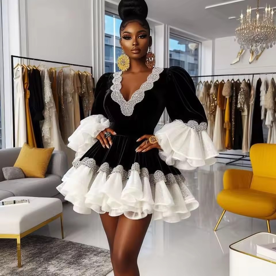 Velvet Prom Dresses With Sequins Appliques Sexy V Neck Long Sleeves Tiered Ruffles Birthday Party Dress Aso Ebi Evening Gowns