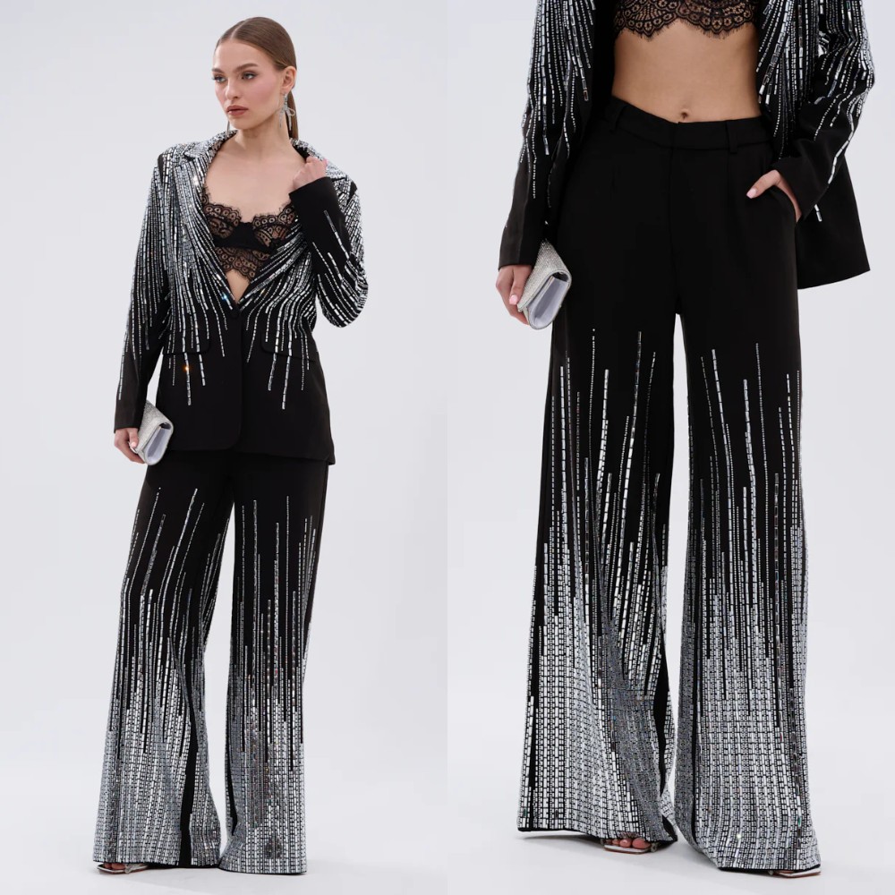 Sparkly Sequined Women Jacket Suits Ladies Loose Pants Beads Long Sleeve Prom Birthday Party Evening 2 Pieces