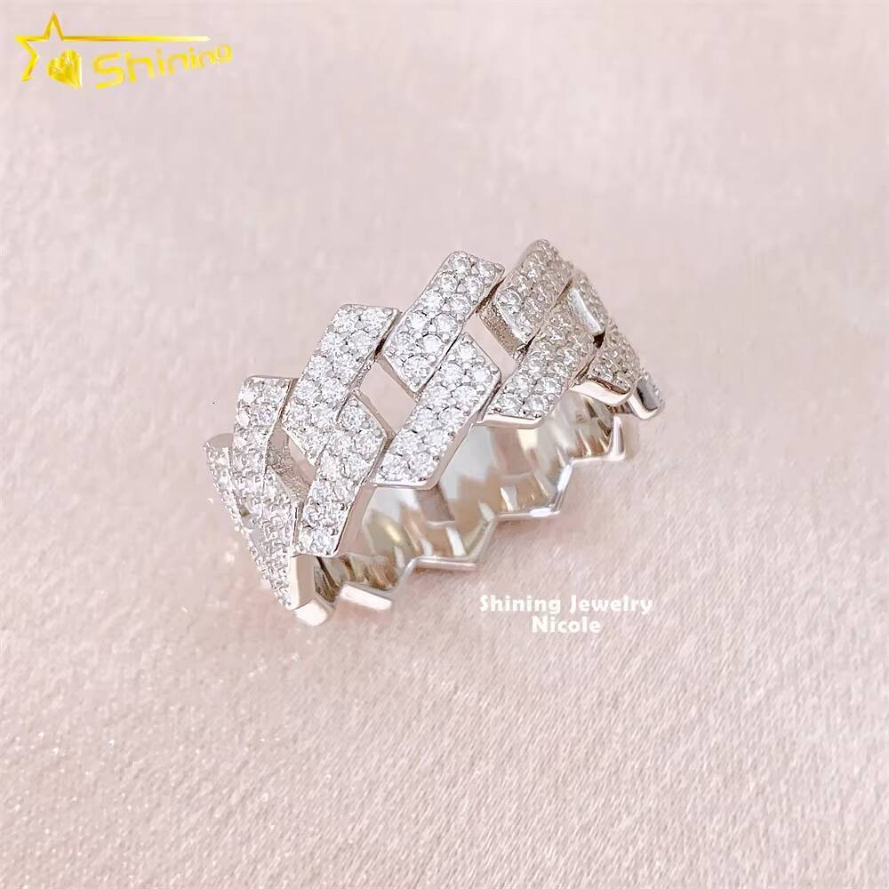 Moissanite Jewelry Top Quality 2 Rows Hip Hop Wedding Cuban Diamond Mens 925 Sterling Silver Ring