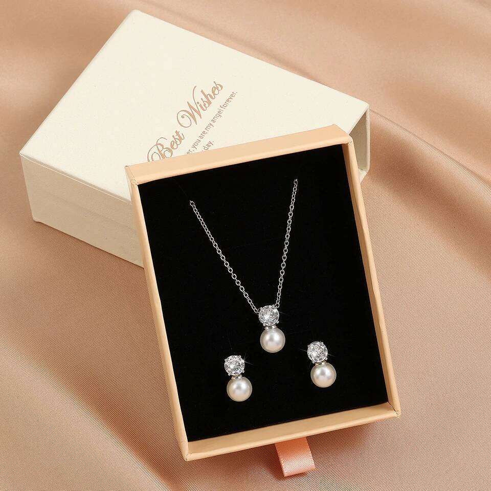 Trendy Round Imitation Pearl Stud Earrings Necklace Set for Women Simple Sliver Color Cubic Zircon Wedding Party Jewelry Sets