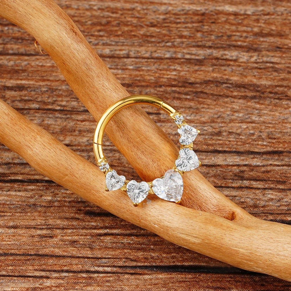 Right Grand ASTM 36 CZ Heart Daith Earring Hoop 16G Hinged Septum Clicker Nose Ring Hypoallergenic Piercing Jewelry 251224