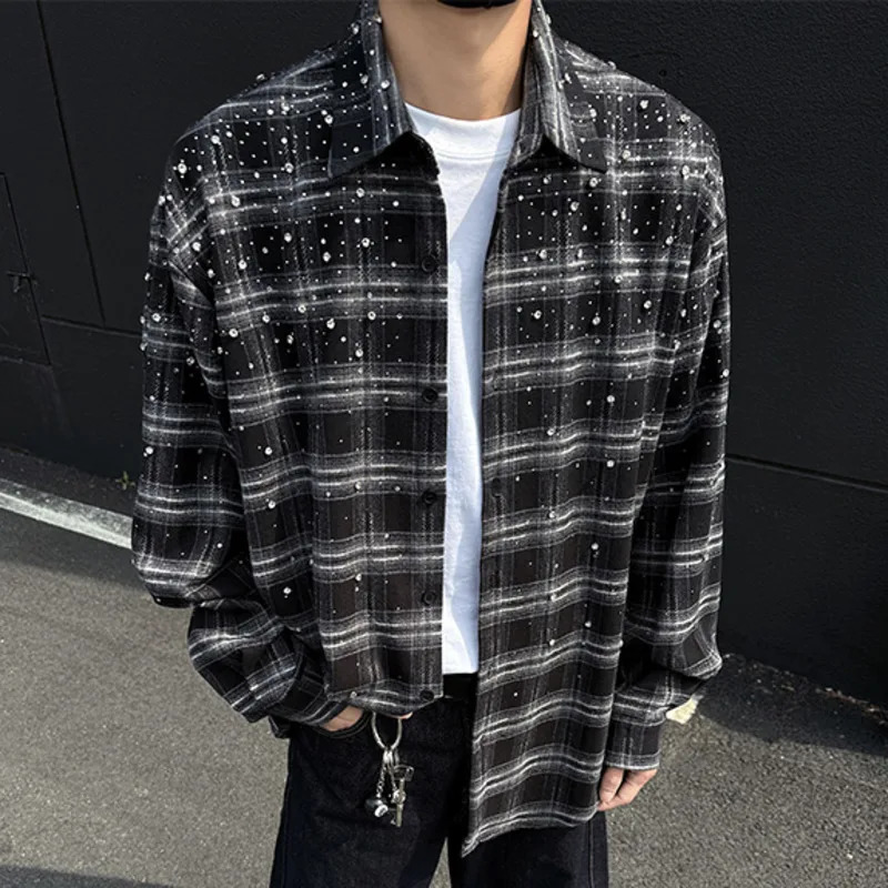 WVGA Spring Autumn Man Gypsophila Heavy Diamond Trendy Long Sleeve Shirts Niche Chic Casual Plaid Shirt Ins W10345 251223