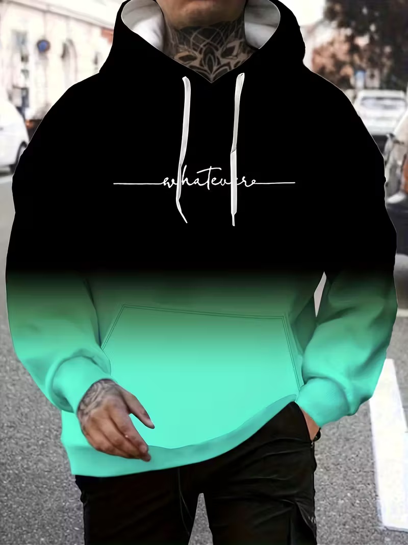 Trendy Gradient Hoodie Black & Green Color-Blocked Letter Print Relaxed-Fit Casual Streetwear Pullover Hoodie