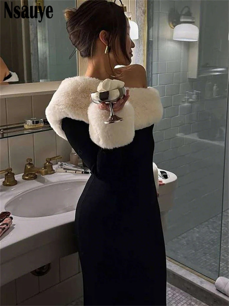 Nsauye Sexy Women Faux Fur Long Sleeve Black Night Club Evening Party Dress Wrap Winter Fashion Elegant Bodycon Dress 2025 251225