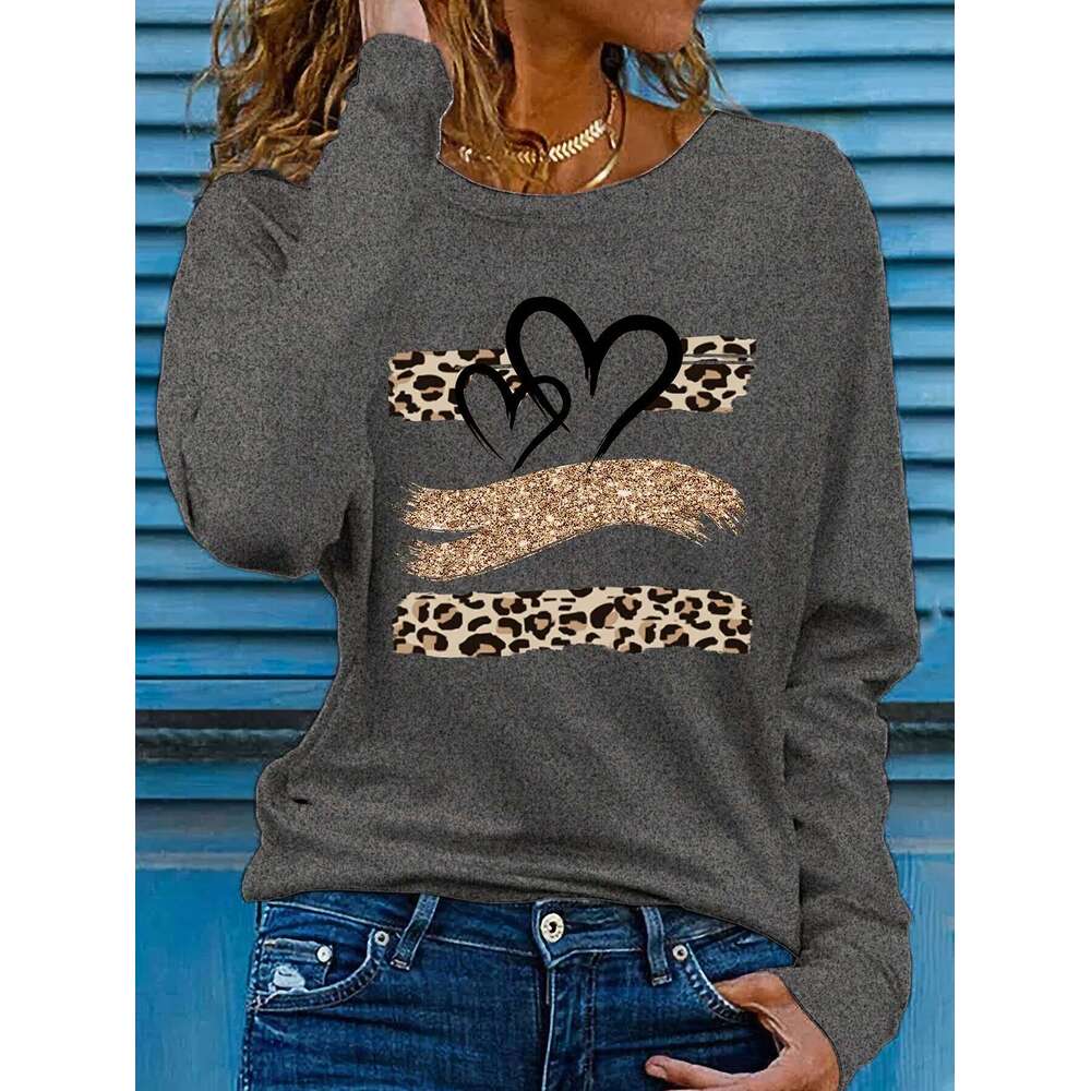 Women's Spring And Autumn 100% Cotton Fashion Casual Loose Leopard Heart Pattern Printed Round Neck Long Sleeve T-Shirt ZHE HAN