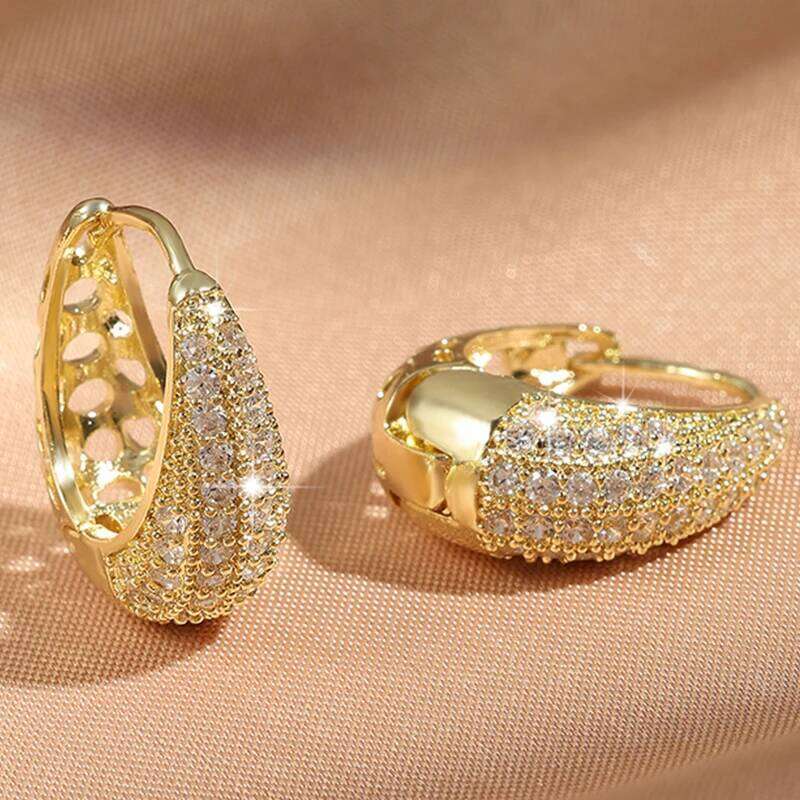 Trendy Round Water Drop Zirconia Earrings For Women Girls Fashion U-shaped Gold Color Metal Crystal Ear Accessorie Jewelry Gifts