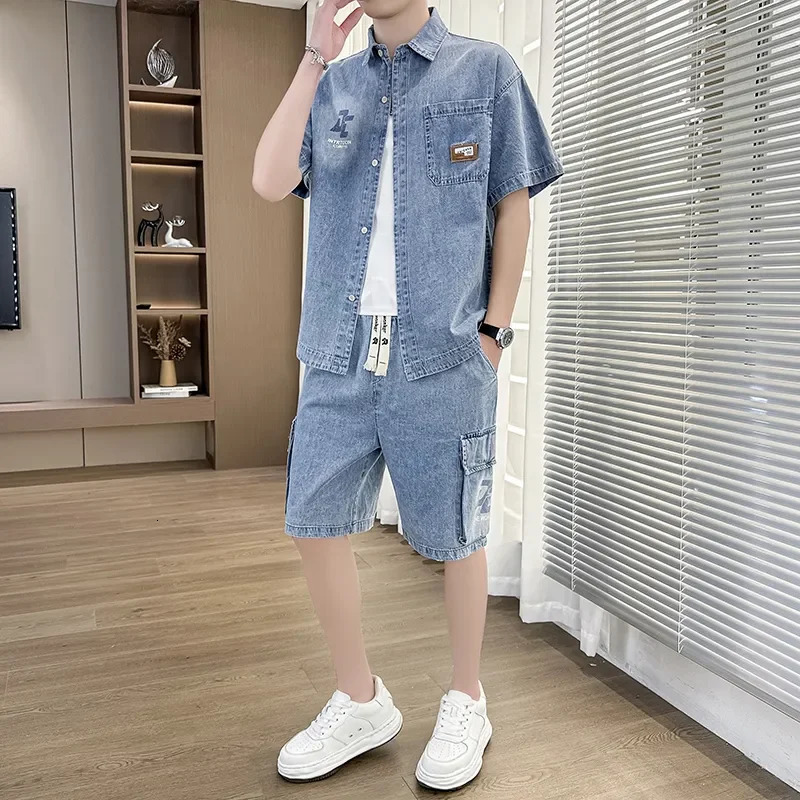 Summer Mens Thin Denim Short-sleeved Shirt Suit Trendy Loose Casual Shorts Two-piece Set 251225