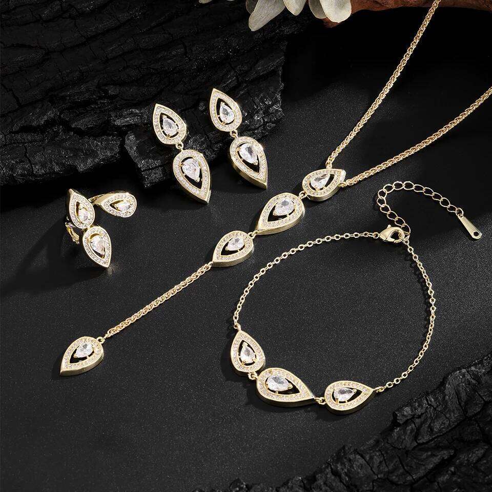 ZAKOL Luxury 18K Gold Plated AAA Cubic Zirconia Earring Necklace Jewelry Set Pear-shaped Water Drop Crystal Party Accessories