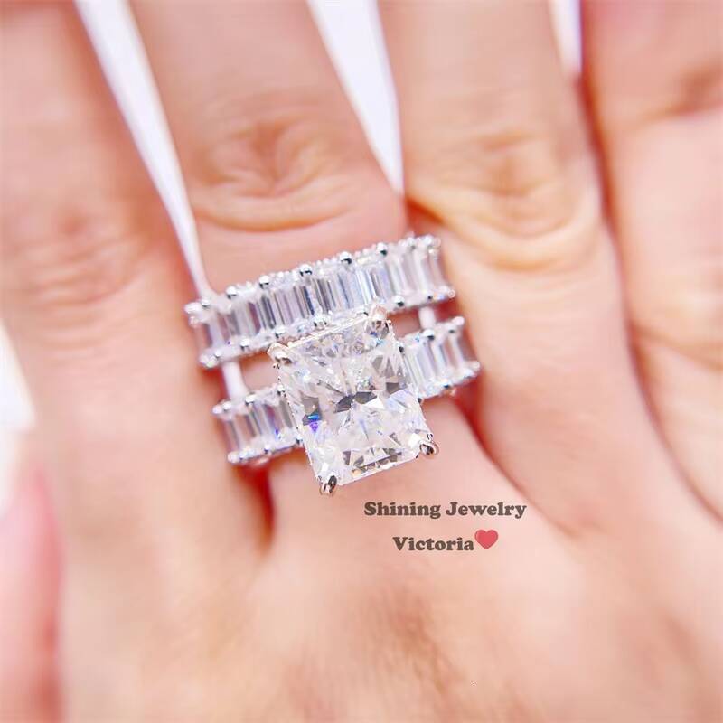 Bridal Jewelry Women Fashion Solid Silver VVS Moissanite Wedding Ring Set Baguette Cut Ring Band