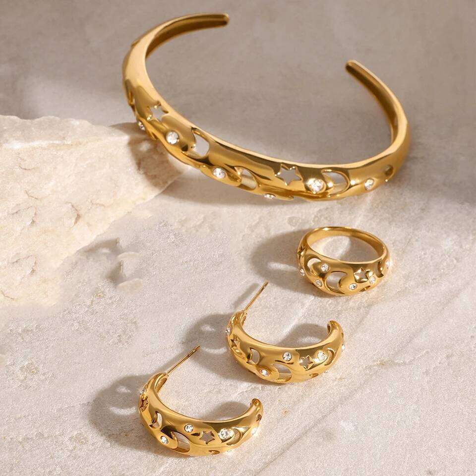 ZAKOL New Stainless Steel Hollow Star Moon Bracelet&Ring&Earrings Set for Women 18K Gold Plated Non-fading Jewelry Gift