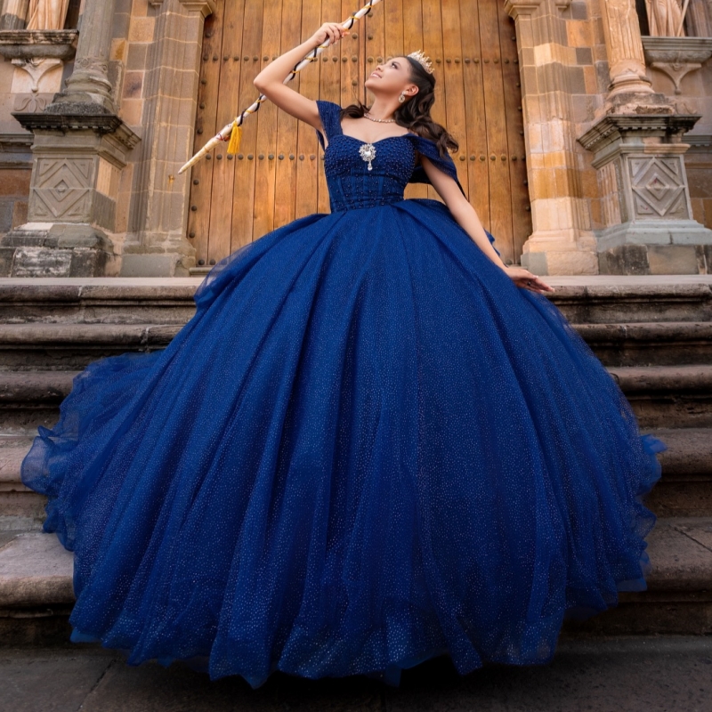Royal Blue Shiny Quinceanera Dresses Ball Gown Off The Shoulder Beading Crystal Corset Party Birthday Sweet 16 Dres Vestidos 15 Anos