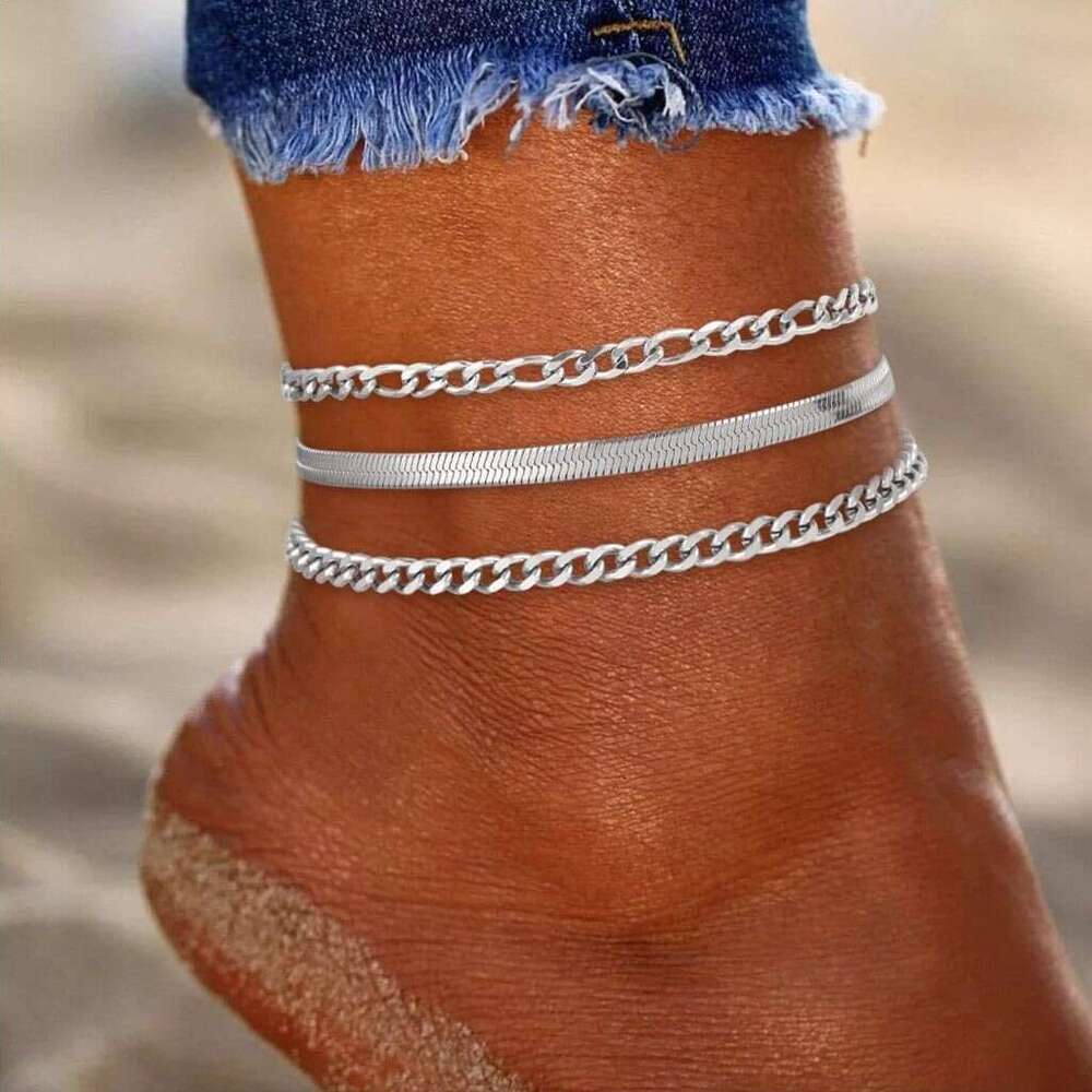 Cross-Border Popular Waterproof Cuban Chain Anklet Set Stainless Steel Fashion Commuting Personality Versatile Foot Jewelry