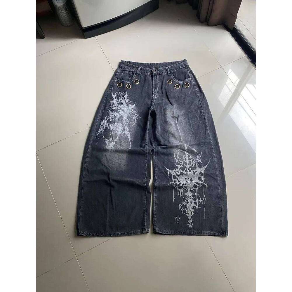 American New Fashion Oversized Pattern Printed Washed Jeans Men Y2K Gothic Rock Popular Casual Joker High Waist Wide Leg Pants