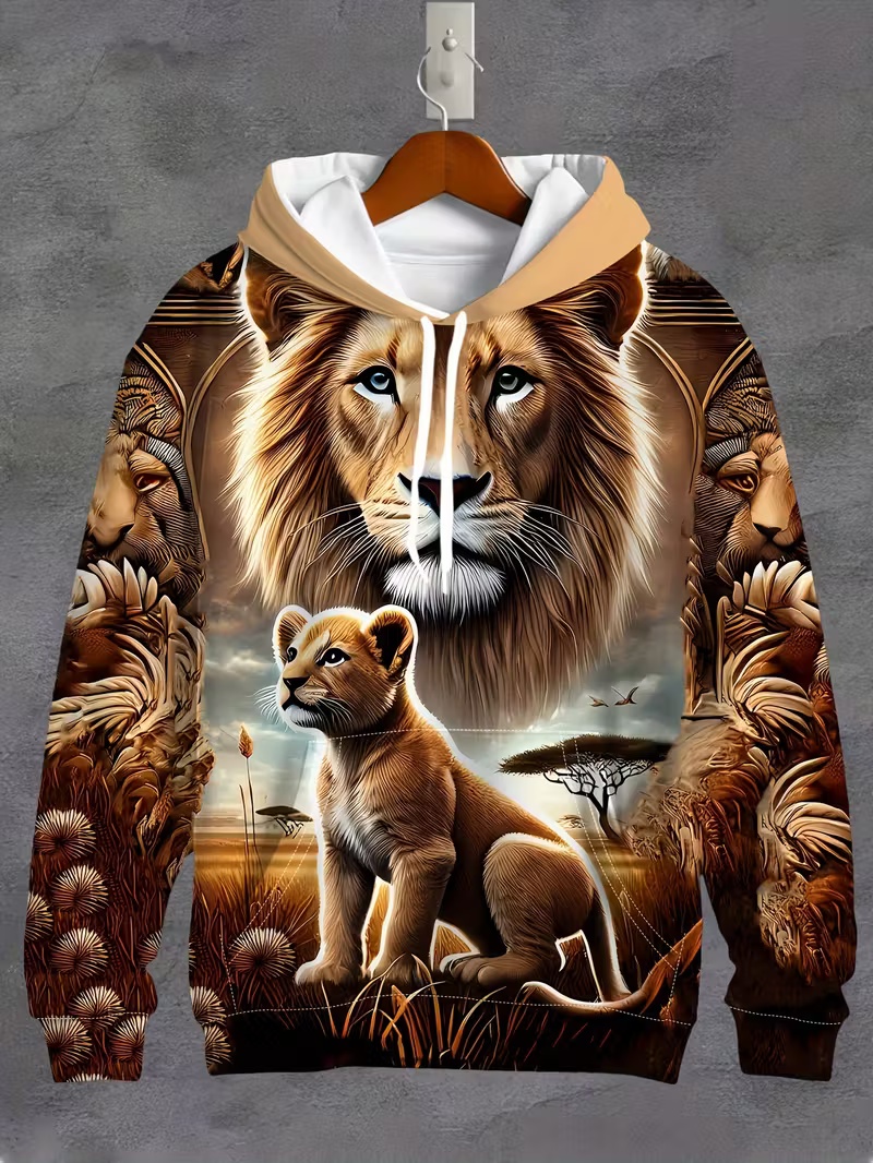 Retro African-inspired Men's Hoodie Lion Cubs on the Savannah All-Over Print 3D Print Relaxed Fit Casual Wild Style Pullover Hoodie