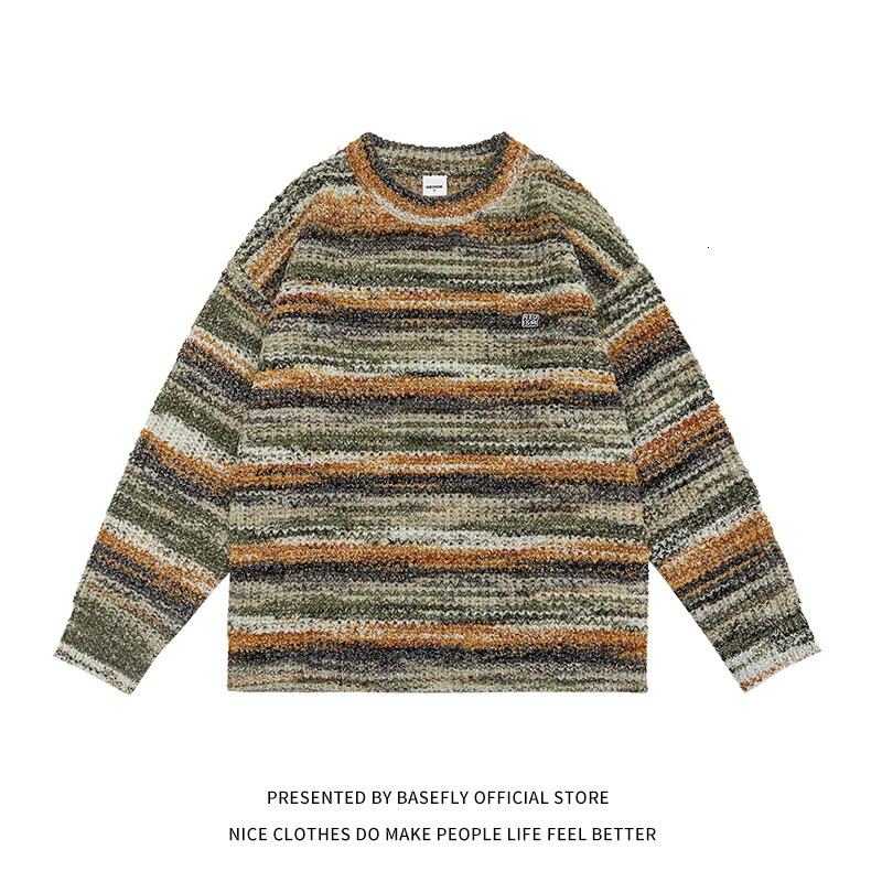 Autumn Winter Stripe Rainbow Color High Streetwear Hip Hop Men Sweater Shirt Unisex Couple Women Sweatshirt Pullover Casual Chic 251226