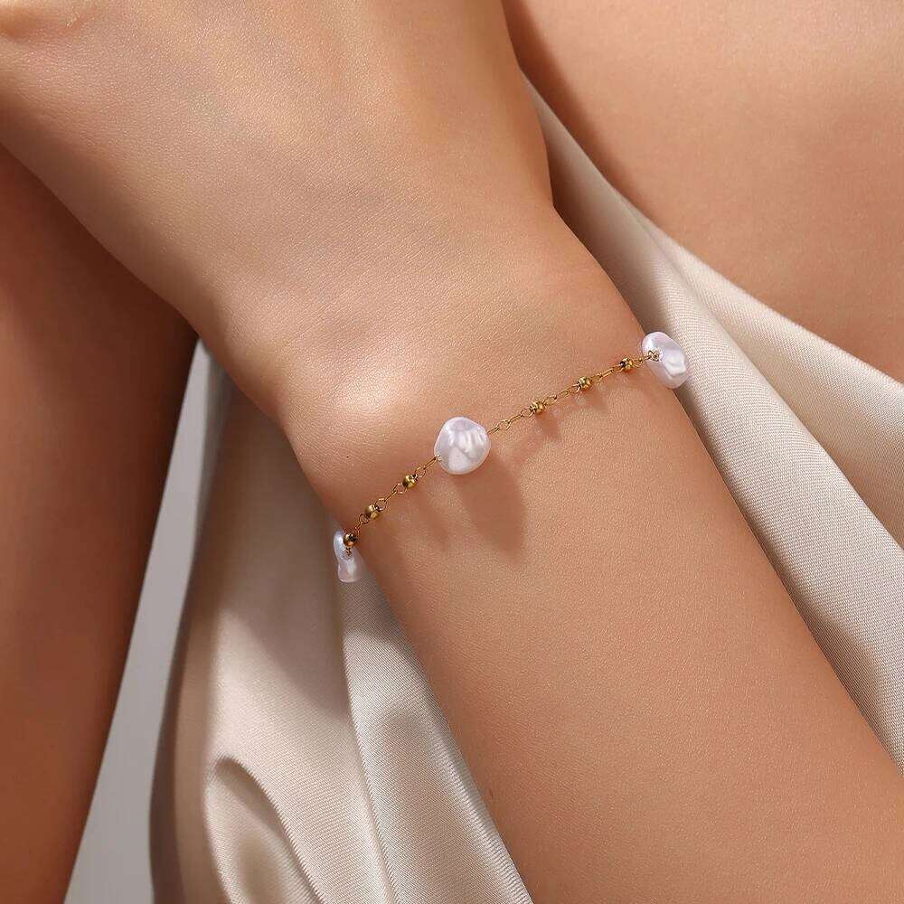 316L Stainless Steel Bracelet For Women Gold Color Pearl Beads Chain Bracelets Jewelry 25H1229