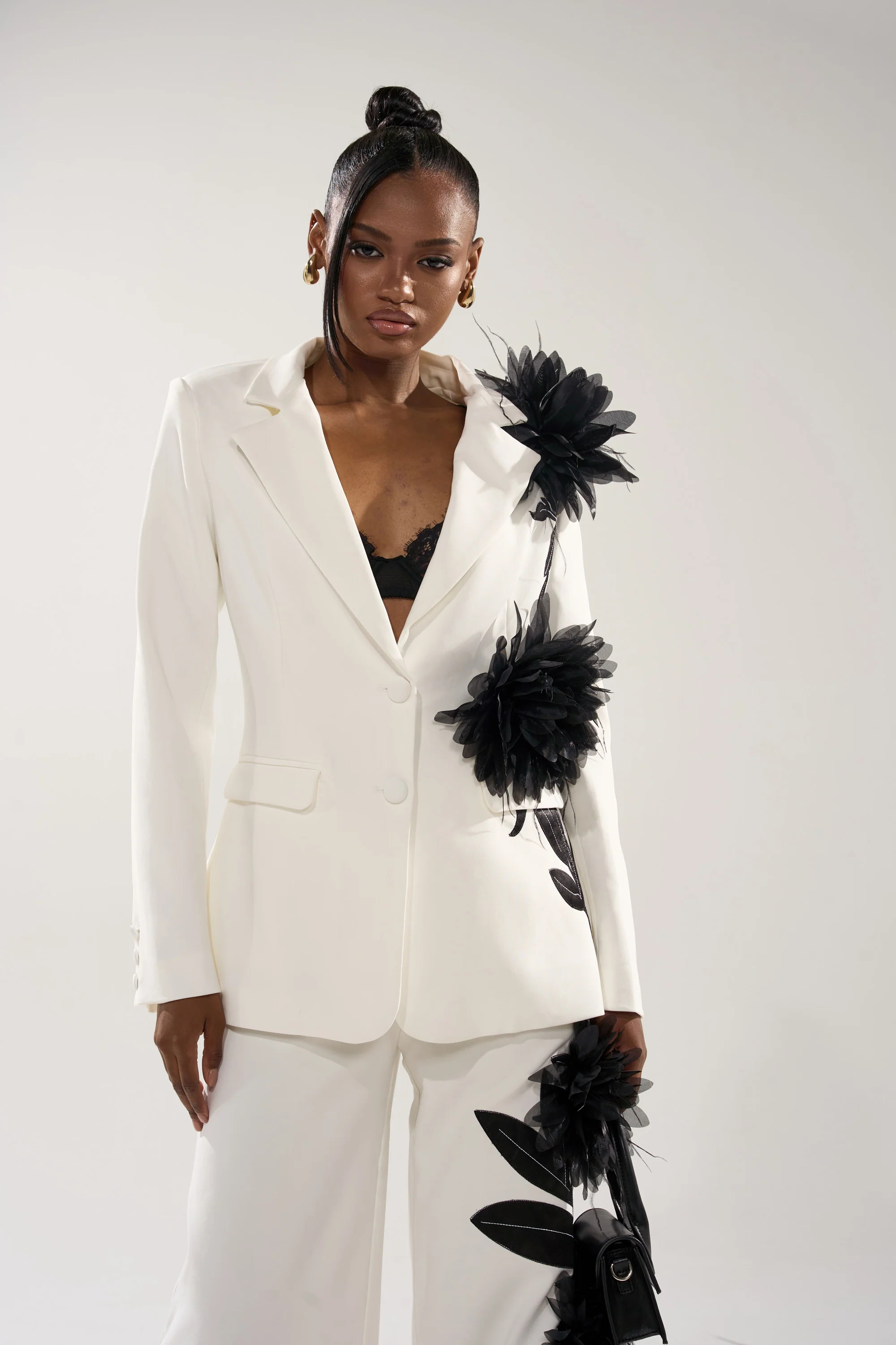 Formal Occasion Women Jacket Suits Ladies Hand Made Flowers Flared Pants Prom Birthday Party Evening 2 Pieces