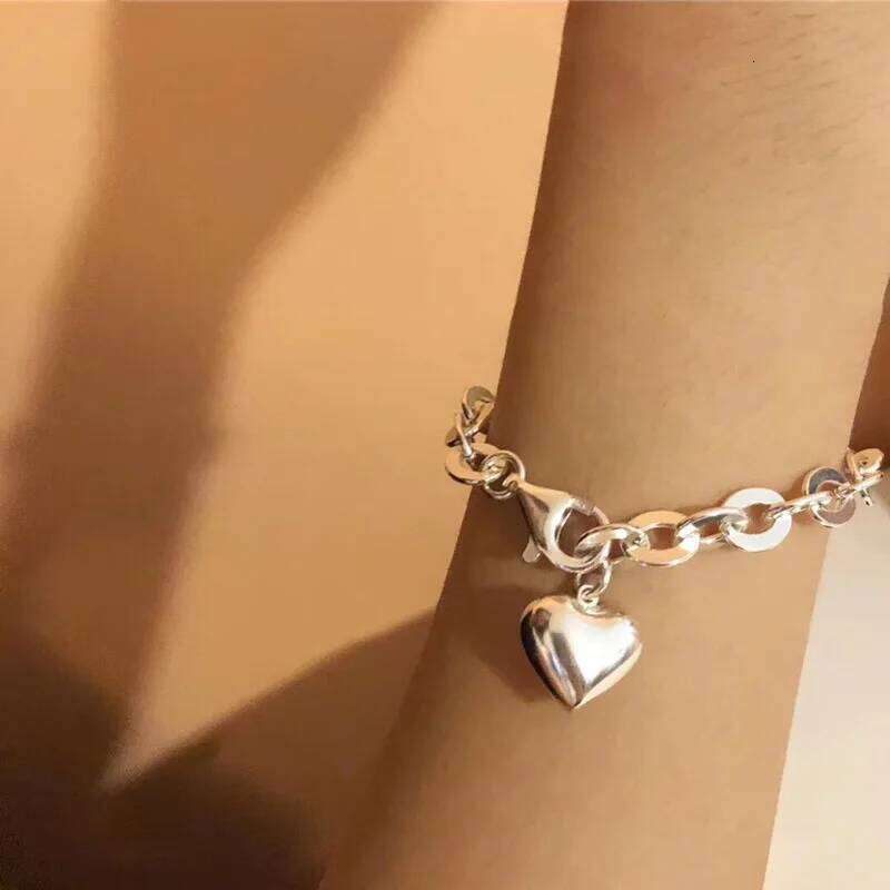 925 Sterling Silver Bracelet Bangle Heart Pendent Geometric Chain Punk For Woman Girl Fashion Jewelry Gift Dropship 25H1229