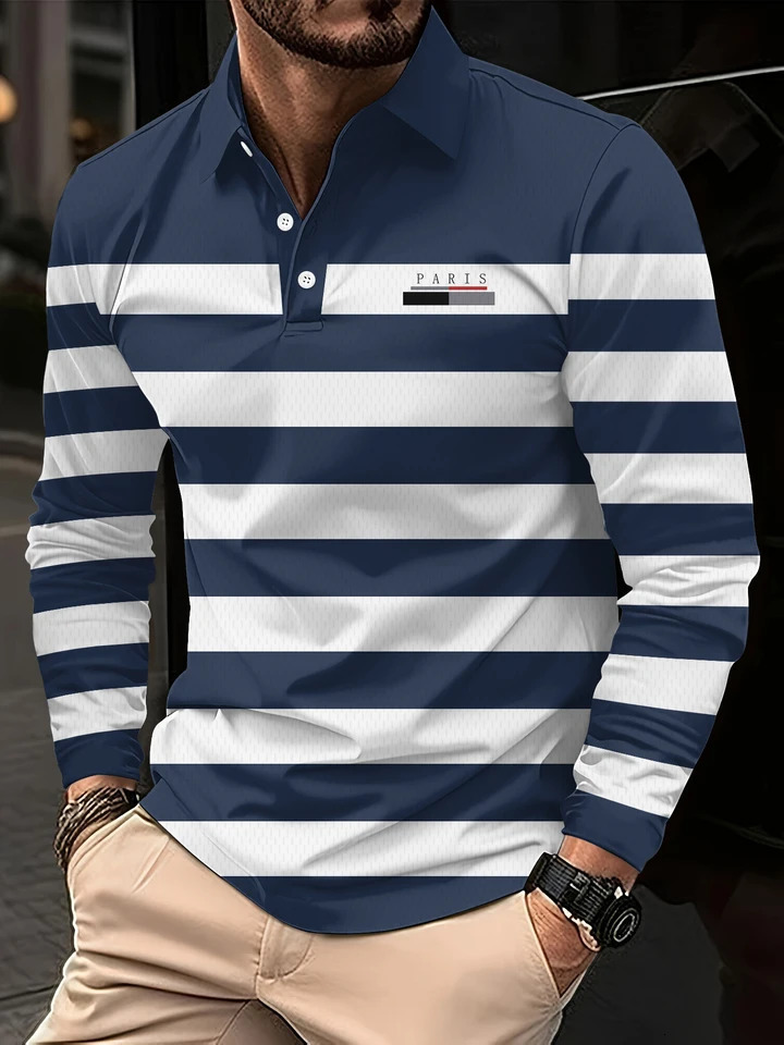 3D Paris Printed Mens Polo Shirts Autumn Classic Stripes Color Matching Fashion Turndown Collar Buttoned Long Sleeve Tops 251219