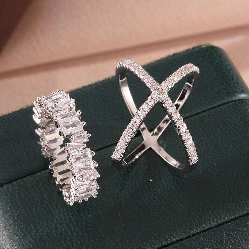 ZAKOL Brand 2Pcs AAA Cubic Zirconia Engagement Ring for Couple Brilliant Baguette Zircon Sliver Color Wedding Band Jewelry